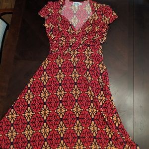 Leora red, navy, coral faux-wrap summer dress